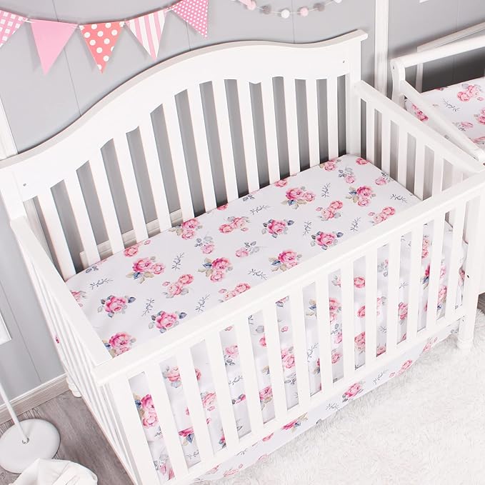Belsden Pack of 3 Floral Fitted Crib Sheet Set for Baby Girl, Universal Fits Standard Size Crib and Toddler Mattress 28" x 52", Soft Breathable and Machine Washable, Floral Purple & Pink & Pink Rose
