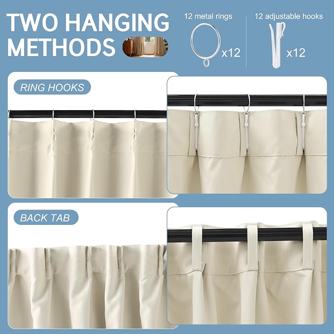 Etherealveil Beige Pinch Pleated Blackout Curtains 2 Panels 40"x84" | Back Tabs - Image 5