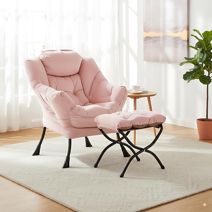 Lazy Chair with Ottoman, Comfy Accent Reading Chair, Velvet Pink | Foldable - Image 9