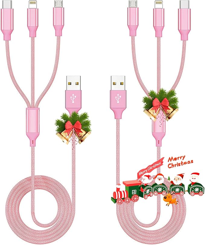 Multi Charging Cable,(2Pack 4FT) 3 in 1 Charging Cable for Multiple Devices, Nylon Braided Universal Charger Phone Charger Cord with Type-C,Micro USB,IP Port for iPhone16/15 Series/Phone&Pad-Pink