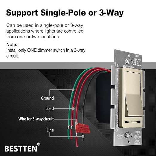 BESTTEN 10 Pack Matte Champagne Gold Dimmer Light Switch, Single Pole or 3-Way, Compatible with Dimmable LED, CFL, Incandescent and Halogen Bulb, 120VAC, Signature Collection, UL Listed