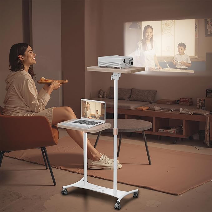 YUMFUN 2 Shelves Projector Stand, Mobile Laptop Cart on Wheels Projector Stand Adjustable Height 20 to 53 Inches, Overbed Table with 5 Lockable Casters, Rolling Laptop Floor Stand for Couch