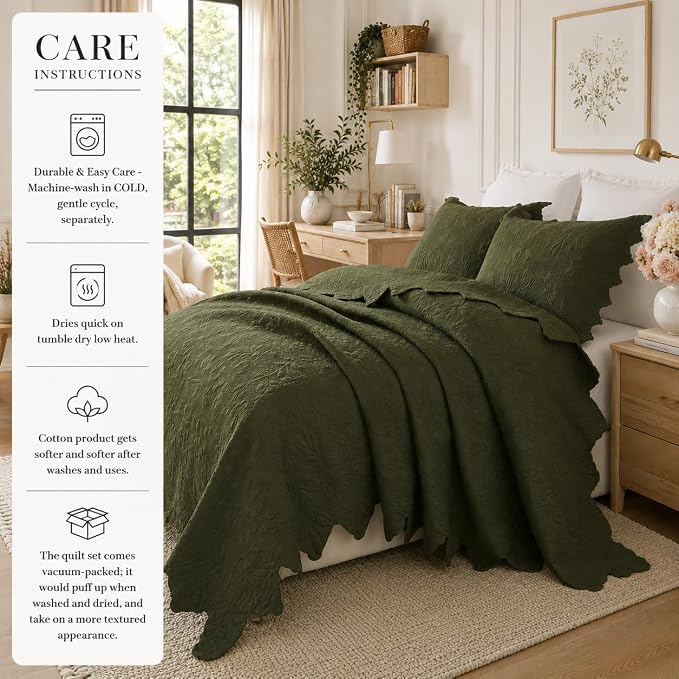 Brandream Olive Green Floral Vine Cotton Quilt Set King Size Luxury Scalloped - Image 6