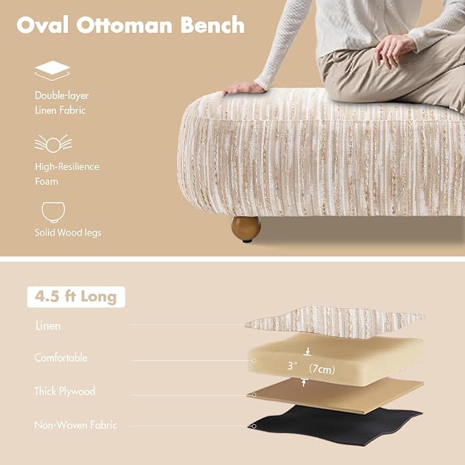 Hyfirm 54" Oatmeal Linen Upholstered Bench – Beige End of Bed Ottoman - Image 4
