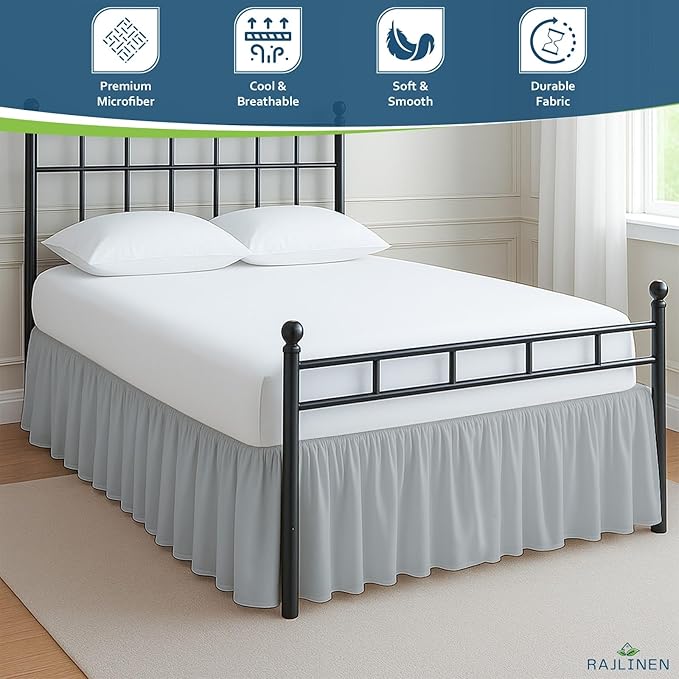 Rajlinen Ruffled Bed Skirt Twin XL, 10 Inch Drop Dust Ruffle with Split Corners, 100% Microfiber Bedskirt with Platform, Three-Sided Coverage Ruffled Gathering Design, Light Grey