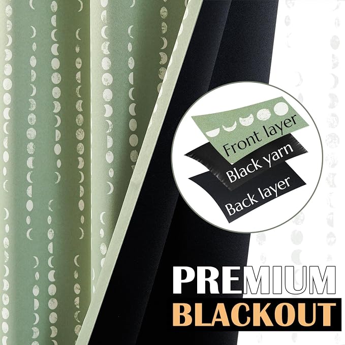 jinchan Boho Blackout Curtains 84 Inches Long Moon Phase Printed Drapes | Sage - Image 3