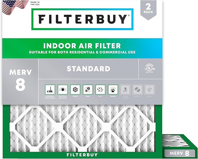 Filterbuy 23x23x1 Air Filter MERV 8 Essential Dust & Allergy Defense (2-Pack), Electrostatic Pleated HVAC AC Furnace Filters Replacement, Made in USA (Actual Size: 22.50 x 22.50 x 0.75)