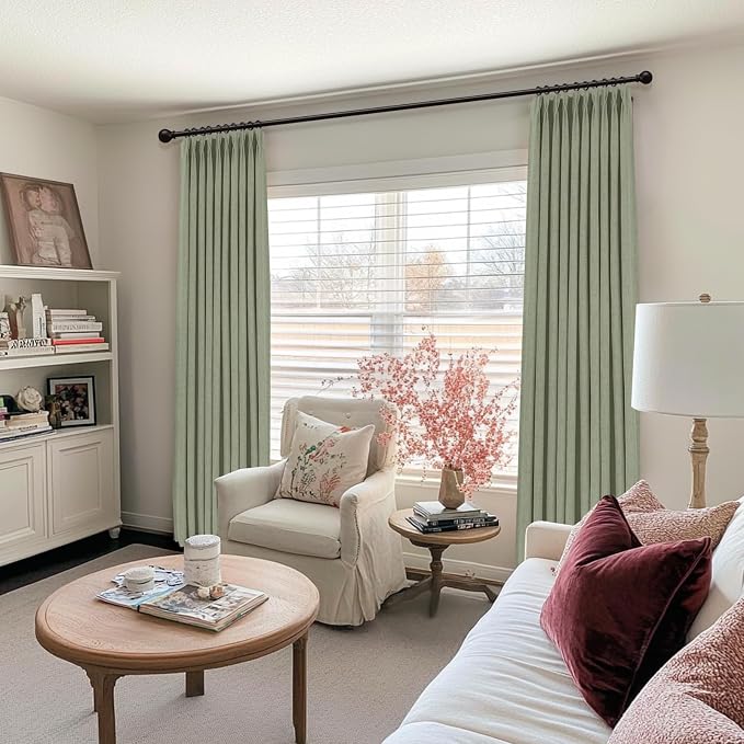 Pinch Pleated Full Blackout Faux Linen Curtains 90 Inches Long | Sage Green - Image 5