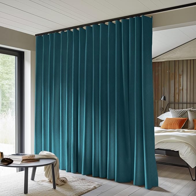 Room Divider Curtains Total Blackout Privacy Curtain Panel Room Thermal Insulated Noise Reduction Curtains for Bedroom Window Living Room Ceiling Track Curtain W 12.5 ft × H 7 ft Azure Blue
