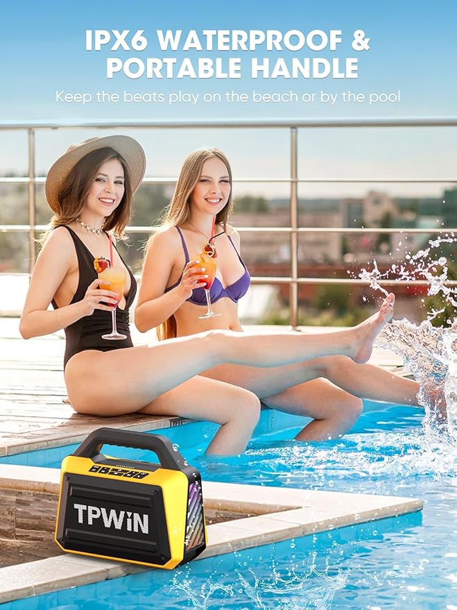TPWIN Portable Bluetooth Speakers - Wireless Jobsite Speaker 80W Peak, TWS, Light Shows, Loud Speaker with Deep Bass, BT 5.3, IPX6 Waterproof, 20H Playtime for Outdoor Beach Camping Garage - Yellow