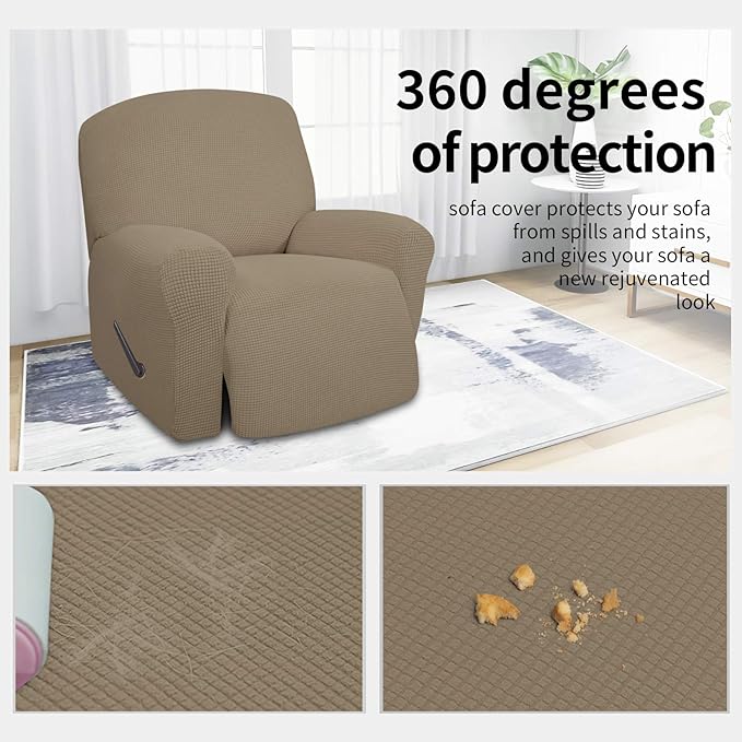 Easy-Going 4 Pieces Oversized Recliner Stretch Sofa Slipcover Sofa Cover Furniture Protector Couch Soft with Elastic Bottom Polyester Spandex Jacquard Fabric Small Checks Natural,X-Large