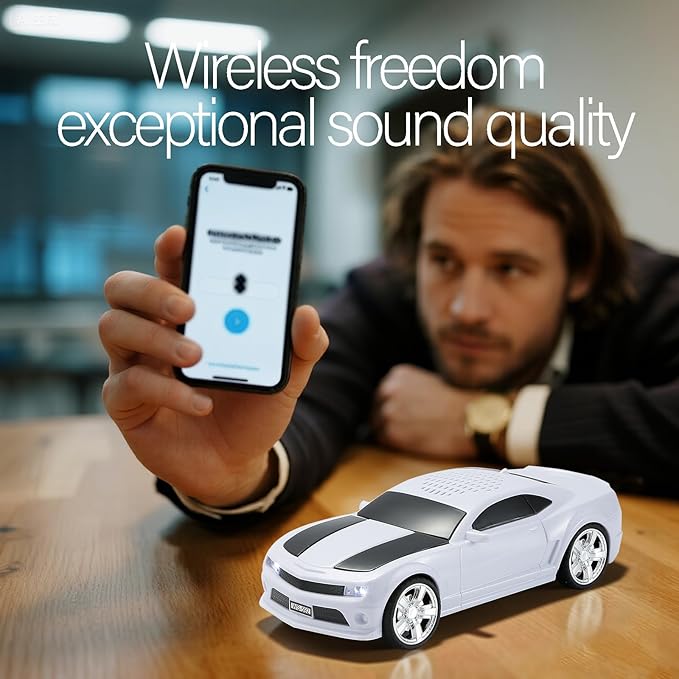 WSTER Sports Car Model Bluetooth Speaker with Stereo Sound, TWS Pairing, LED Party Lights, USB/TF Playback, Movable Wheels, Unique Retro Car Gifts (White)