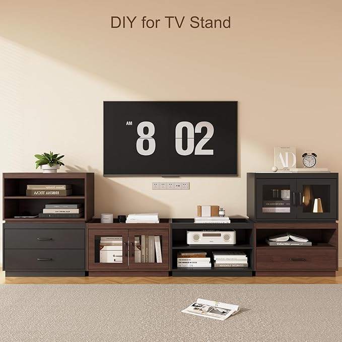 Stackable Storage Drawers,28" Wide Storage Bins w/ Drawers and Compartment for Closet Organizers, Wood Stackable Closet Organizer Modern Large Stackable Storages Units for Living Room Hallway, Brown