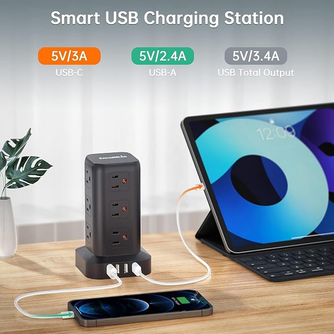 Extension Cord with Multiple Outlets, SMALLRT Power Strip Tower, Outlet - Image 2