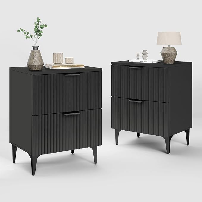 Black Fluted Nightstand Set of 2, Modern Night Stands by SUNWAVEHOME