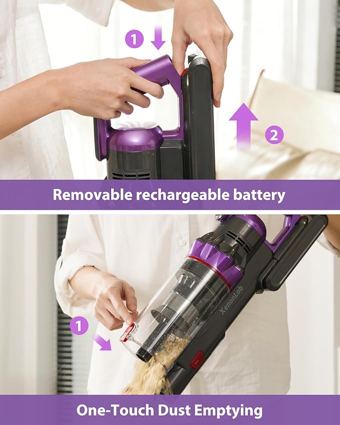 XenonLab Cordless Vacuum Cleaner, 75Mins/55KPa/650W Self-Standing Stick Vacuum Cleaners for Home, Rechargeable, Lightweight, Cone Filtration&Anti-Tangle, for Hard Floor, Carpet, Hardwoods, Pet Hair