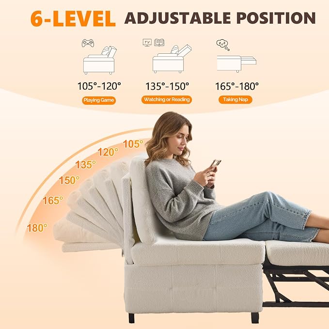 VINGLI Convertible Sofa Bed Tufted Teddy Fleece Sleeper Chair Bed Couch Armless - Image 5