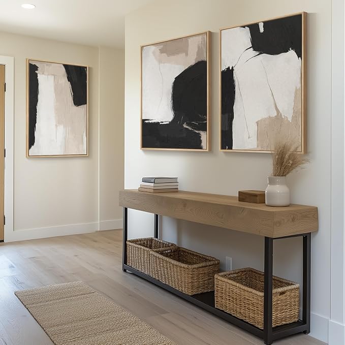 Large Framed Black and White Neutral Abstract Wall Art, 3 Piece, 24x36 In | - Image 2