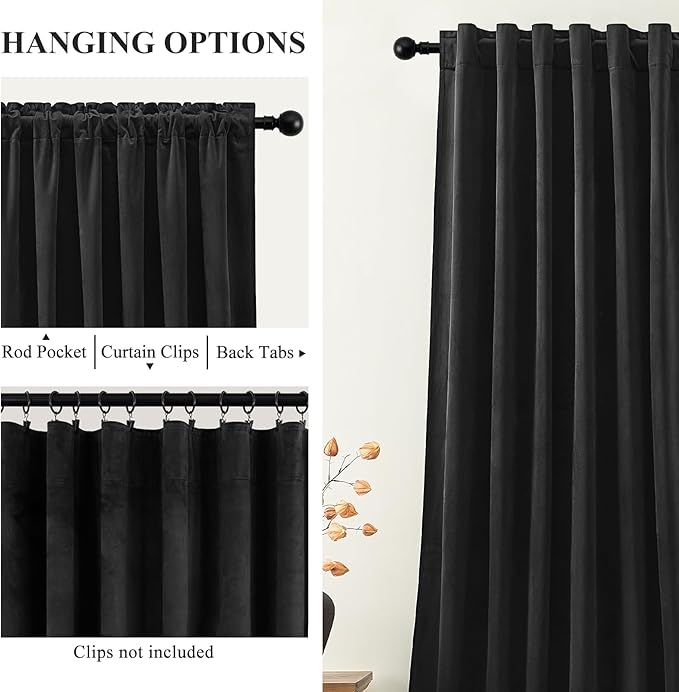 Black Velvet Blackout Curtains Extra Long Room Darkening Drapes Super Soft Elegant Thermal Insulated Soundproof Window Curtains for Bedroom Living Room, Back Tab Rod Pocket, W52 x L102, 2 Panels