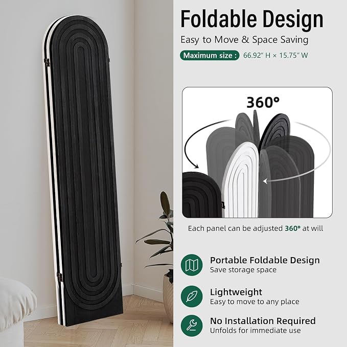 Wood Room Divider and Folding Privacy Screen 4 Panel White Black | Arched Room - Image 5