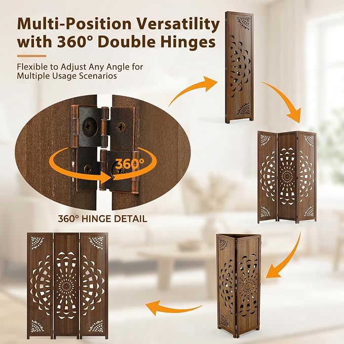 3 Panel Room dividers, 66.9" Boho Double-Sided Carved Screen, Freestanding - Image 5