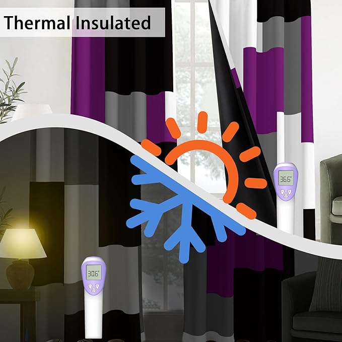 Purple 100% Blackout Curtains for Bedroom 96 inch Length 2 Panels Set Black Grey Modern Abstract Geometric Black Out Curtains Insulated Room Darkening Window Drapes for Living Room, 52Wx96L