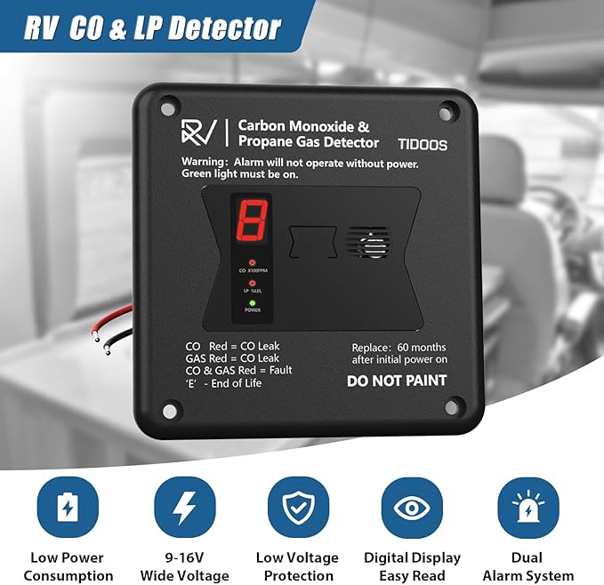 RV Carbon Monoxide & Propane Detectors, Replacement for RV Carbon Monoxide Detector #31011, TIDOOS 2 in 1 Dual CO/LP Alarm with Digital Display, Hardwired - VDC 12V, Flush Mount, Black