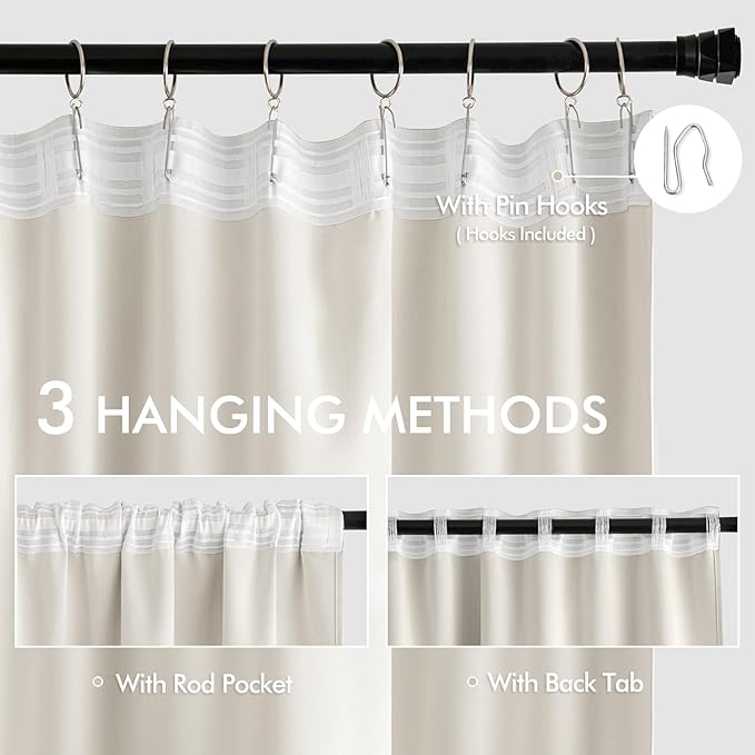 MIULEE Ivory Back Tab Blackout Curtains 52x96 Inch Long 2 Panels Set | Rod - Image 3