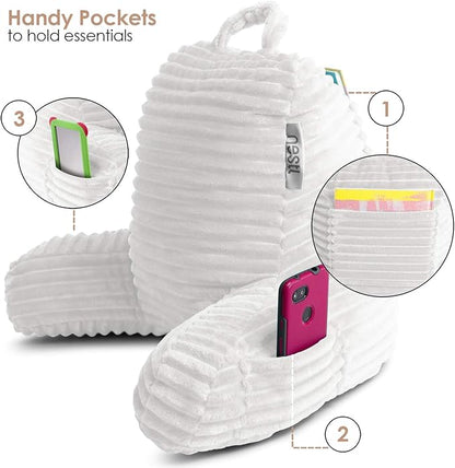 Nestl Reading Pillow for Kids & Teens with Shredded Memory Foam, Luxe Cut Plush Backrest Pillows for Reading and Gaming, for use on Couch, Bed, Floor, Adjustable Support with Washable Cover White