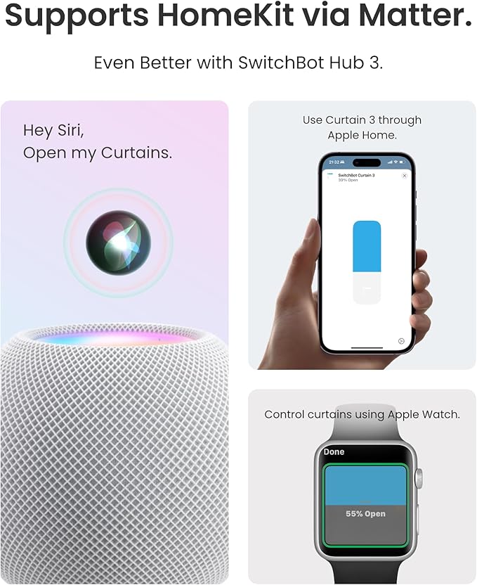 SwitchBot 2025 Automatic Curtain Opener 3 Rod, Bluetooth Remote Control Smart Curtain, WiFi & App Control, Add Hub to Compatible with Alexa, Google Home, HomeKit