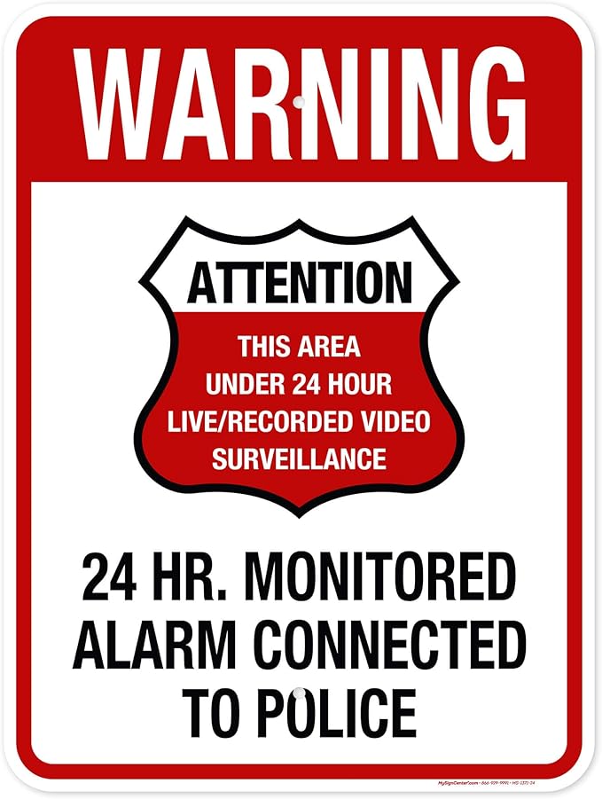 Warning 24 HR. Monitored Alarm Connected To Police Sign, 18x24 Inches, 55 mil thick HDPE (high density polyethylene), Made in USA by My Sign Center