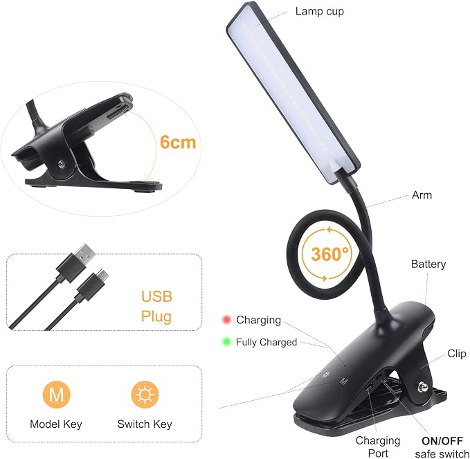 LED Reading Light with Clip USB Rechargeable Book Lights, 24 LEDs Flexible Neck - Image 3