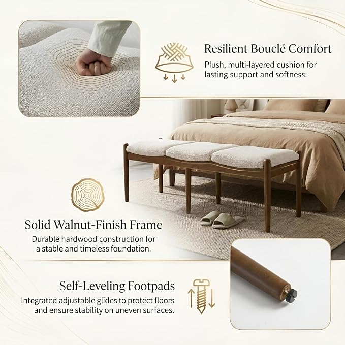 Modern Bedroom Ottoman Bench, Boucle Beige End of Bed Bench Entryway Bench - Image 5