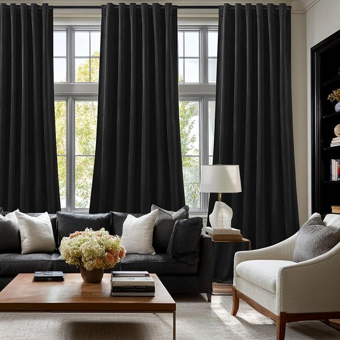 Black Velvet Blackout Curtains 102 Inches, Floor to Ceiling Drapes Back Tab | - Image 8