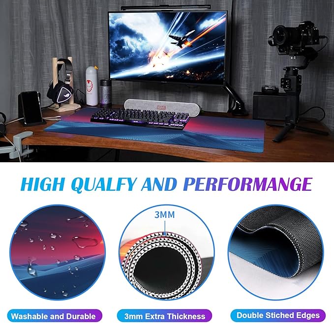 Mountain Peak Beautiful Scenery Game XXL Mouse Pad, Sunset Hill Extended Computer Decorative Table Pad with Stitched Edge Anti Slip Base Mouse Pad 35.4 x 15.7 x 0.12 Inches