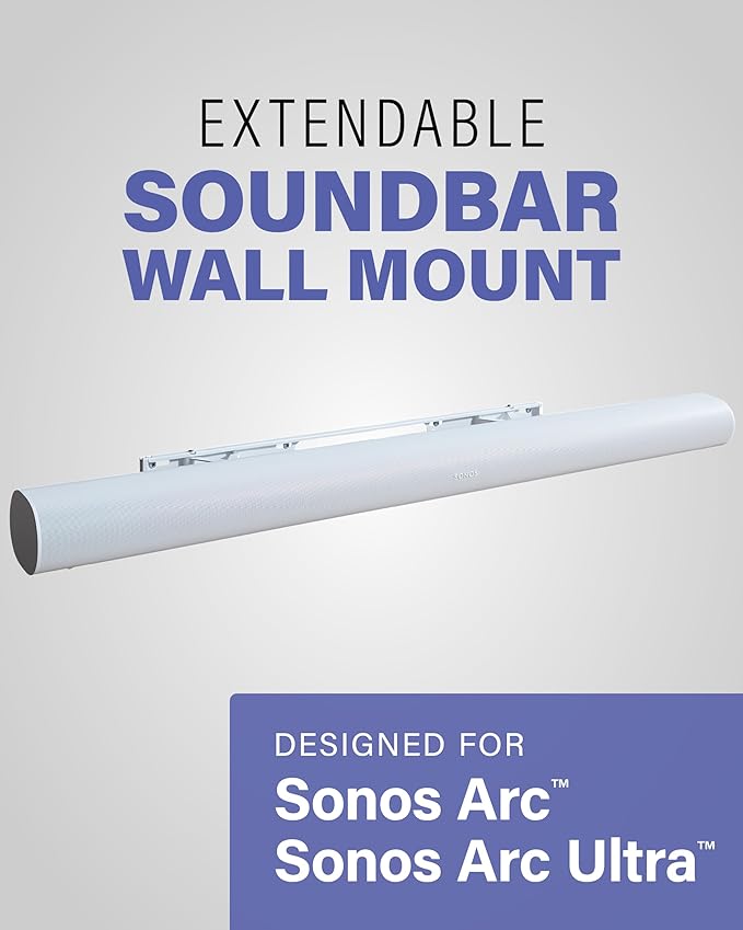 SANUS Extendable Soundbar Wall Mount for Sonos Arc & Sonos Arc Ultra Soundbar – 5” Depth Adjustment Optimized for Dolby Atmos - White Speaker Mount