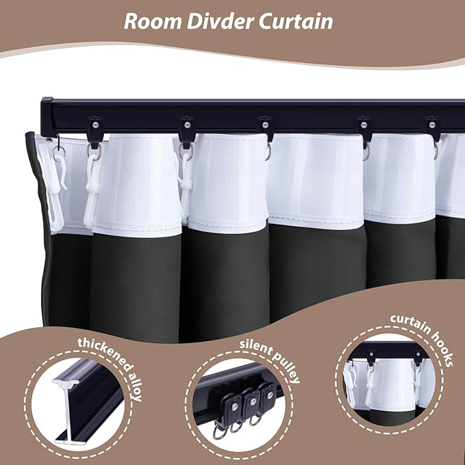 Room Divider Curtains with Ceiling Curtain Track Set Window Curtain for Bedroom,Living Room Total Blackout Thermal Insulated Privacy Ceiling Track Curtain W 6 × H 9 FT Beige drape&Black track