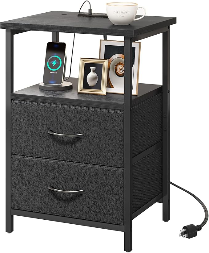 Fixwal Night Stand with Charging Station, 2 Fabric Drawers, 2 AC outlets & 2 by Fixwal