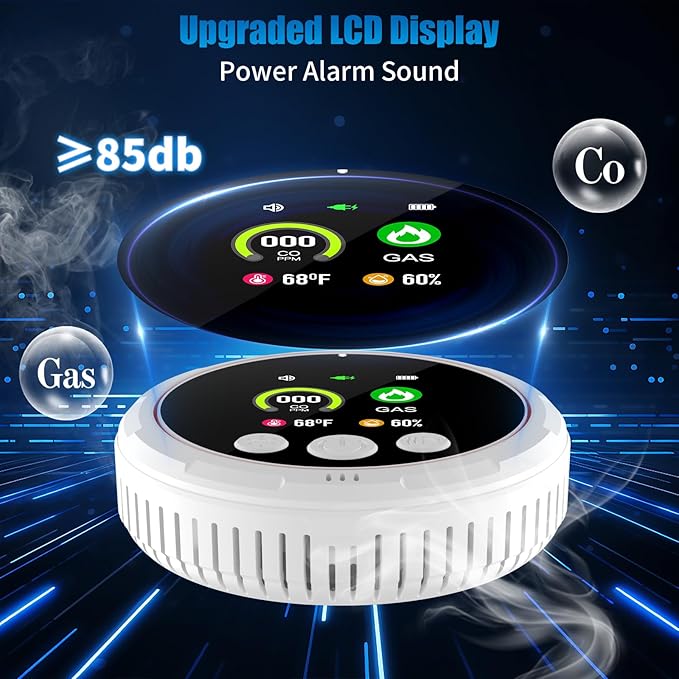 3 Pack 4-in-1 Carbon Monoxide Detectors &Natural Gas Leak Detector, Portable Carbon Monoxide Detectors Plug in & Battery Backup, HD Screen Display