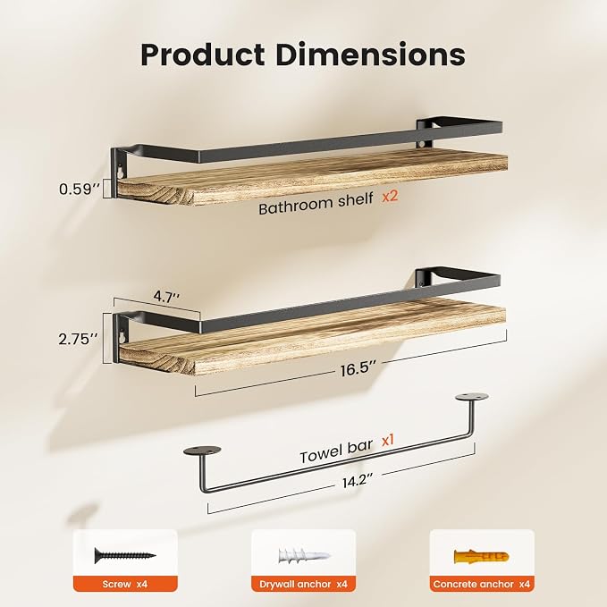 Amada Bathroom Shelves with Towel Bar, Light Brown | Floating Shelves with - Image 3