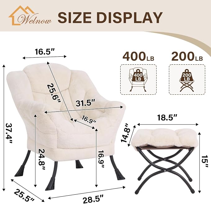 Welnow Lazy Chair with Ottoman, Reading Chair with Footrest, Plush Beige | A - Image 3
