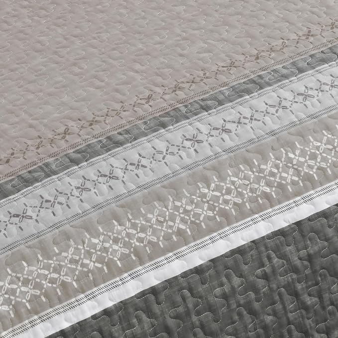Cottolester Quilt Set King, Taupe Grey Striped Patchwork Bedspread | Modern - Image 9