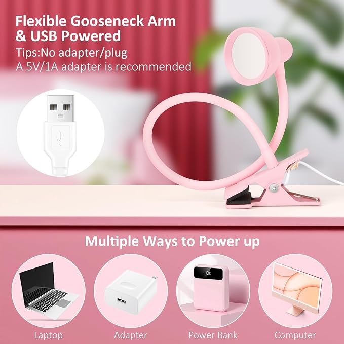 LiFMIRA Pink Small Desk Lamp Clip on LED Reading Light - Image 6
