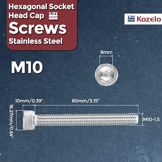 Kozelo 2pcs Socket Head Cap Screws - [M10-1.5 x 80mm] 304 Stainless Steel Allen Socket Drive for Electrical Motor 3D Printing Fan Engine Replacement Use, Silver
