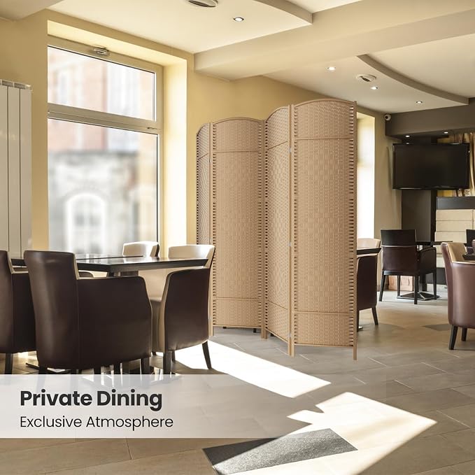 4 Panel Folding Room Divider, Woven Privacy Screen, Light Beige | Solid wood - Image 6