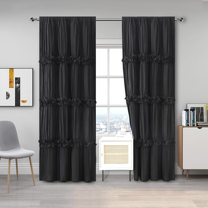Boho Thermal Insulated Blackout Window Curtains Black | Ruched Window Treatments by Homechoice+Decor