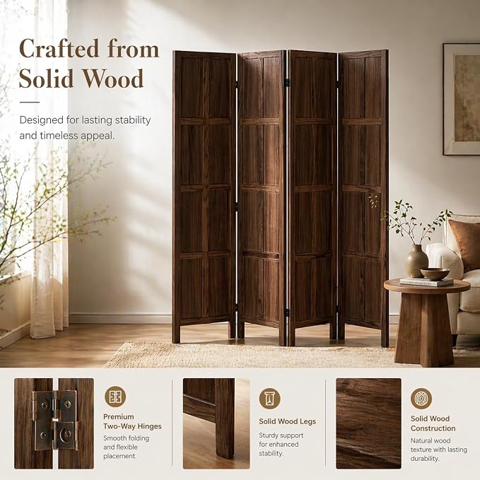 4 Panel Solid Wood Room Divider Folding Privacy Screen Brown | Freestanding - Image 3