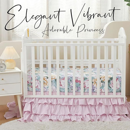 Brandream Crib Bed Skirt Dust Ruffle Triple Layer 100% Egyptian Cotton Sateen Silky Pink Purple Ruffled Baby Girls Nursery Bedding