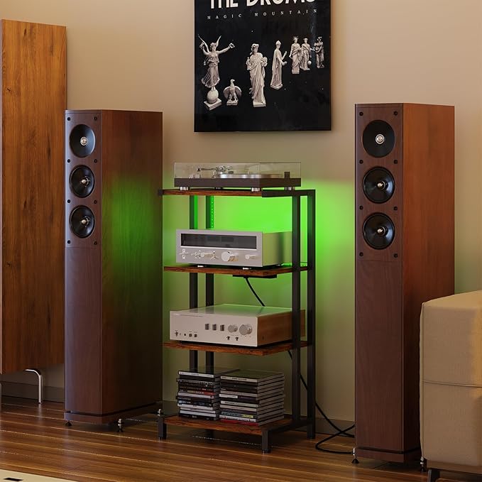 X-cosrack 16.5" Small 4-Tier AV Media Stand with Power Strips,Narrow Version Wooden Corner TV Stand Shelf with LED Lights,Stereo Cabinet Audio Rack Stand Tower for Small Media Players and Boxes