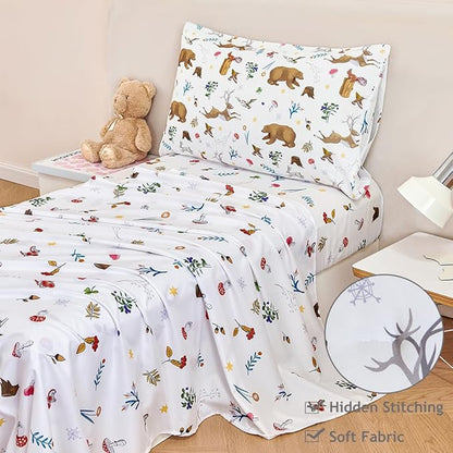 PERFEMET 4-Piece Toddler Bedding Set-Reversible Woodland Animal Toddler Bed Sets for Boys Girls-Soft Lightweight Cartoon Bear Deer Print Toddler Bed Comforter with Sheets for All Season